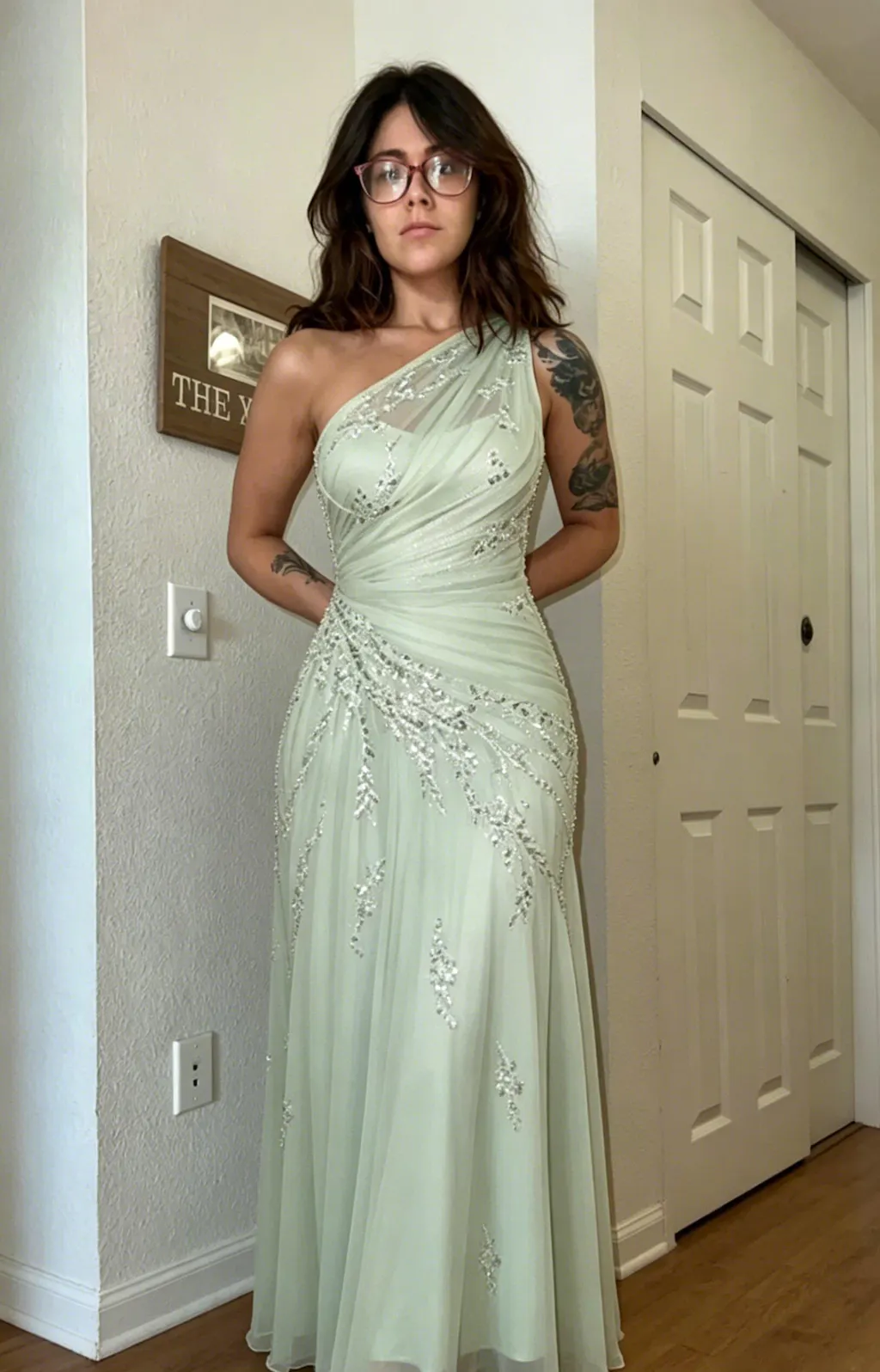 Elegant Sage Green One Shoulder Prom Dress Sequin Embroidered Sheer Mesh Gown,OLP2084