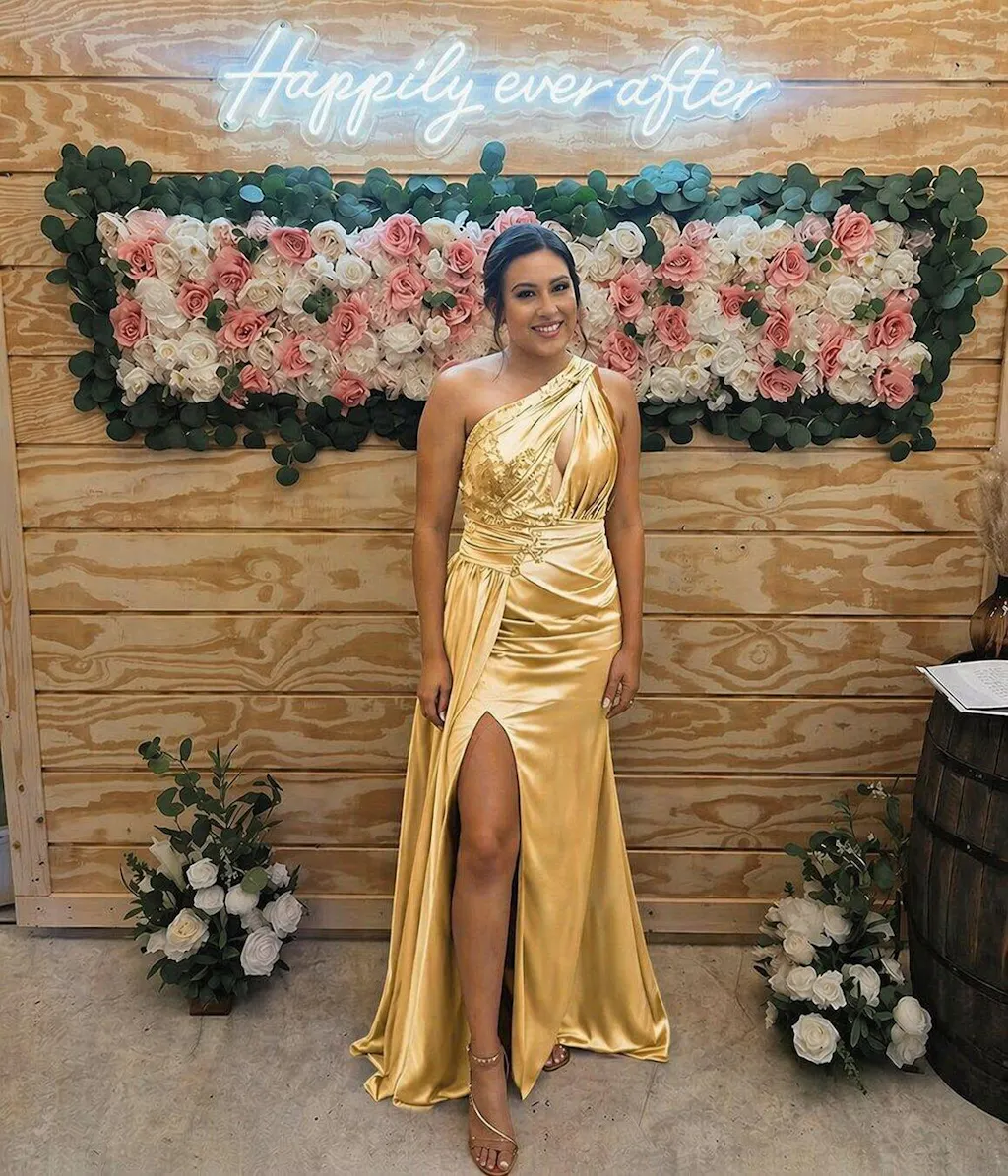 Stunning Golden Mermaid Bridesmaid Gown with Sexy Side Slit,BG961