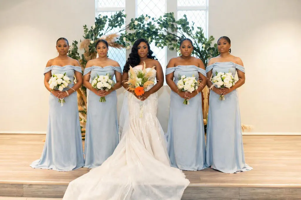 Elegant Off Shoulder A-line Light Blue Bridesmaid Dresses Online, BG391