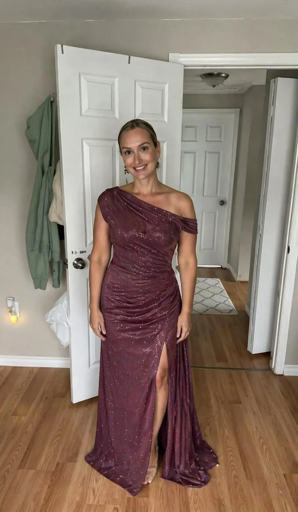 Elegant One-Shoulder Ruched Sparkly Grape Purple Floor-Length Prom Dress,OLP2192