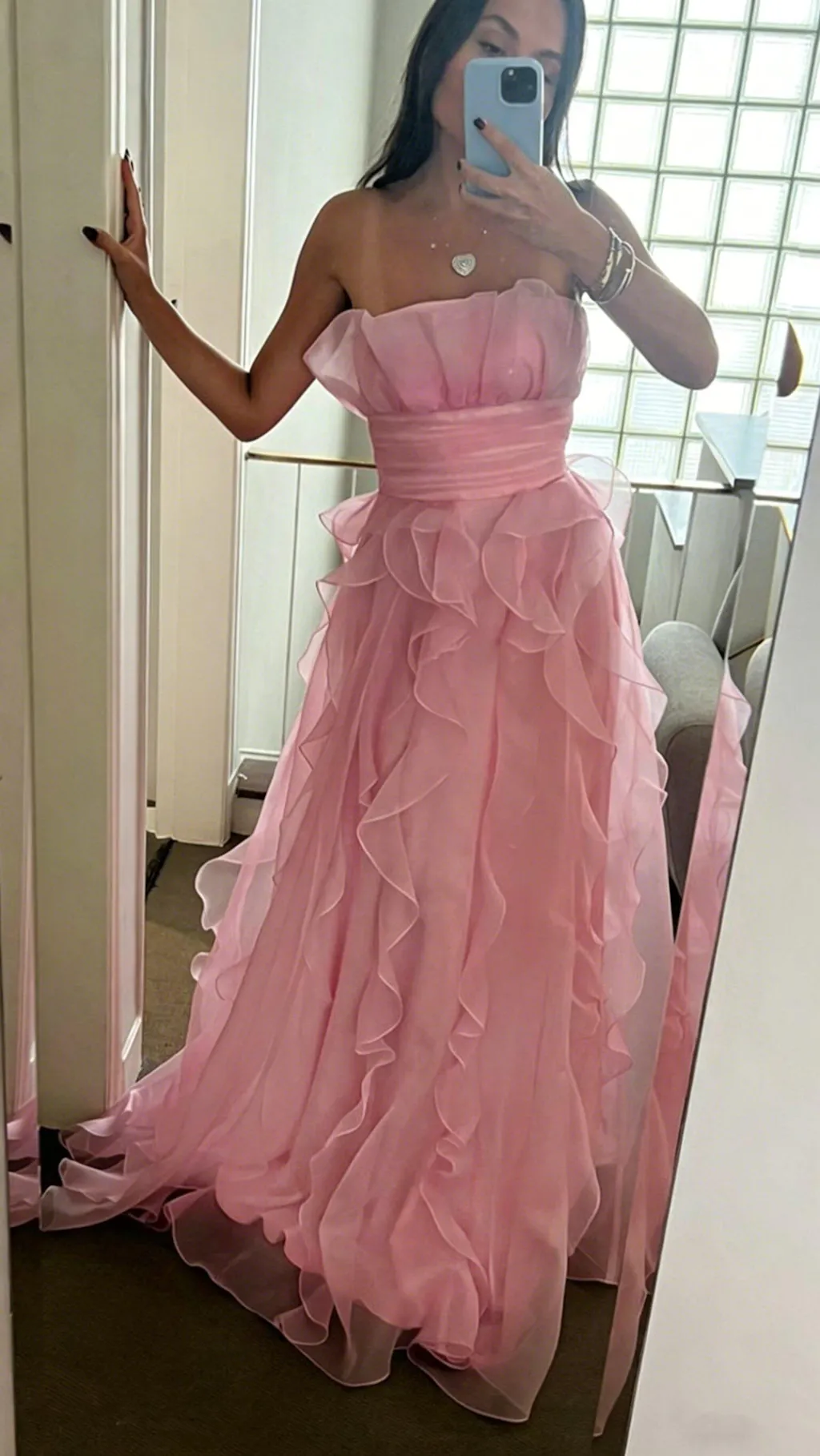 Unique Strapless Tiered Organza Ruffles A-Line Pink Prom Dress,OLP2215