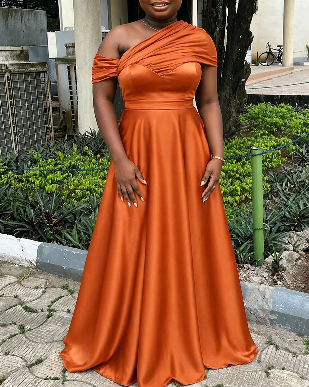 Elegant Orange One-Shoulder Sleeveless Mermaid Long Bridesmaid Dresses Online, BG892