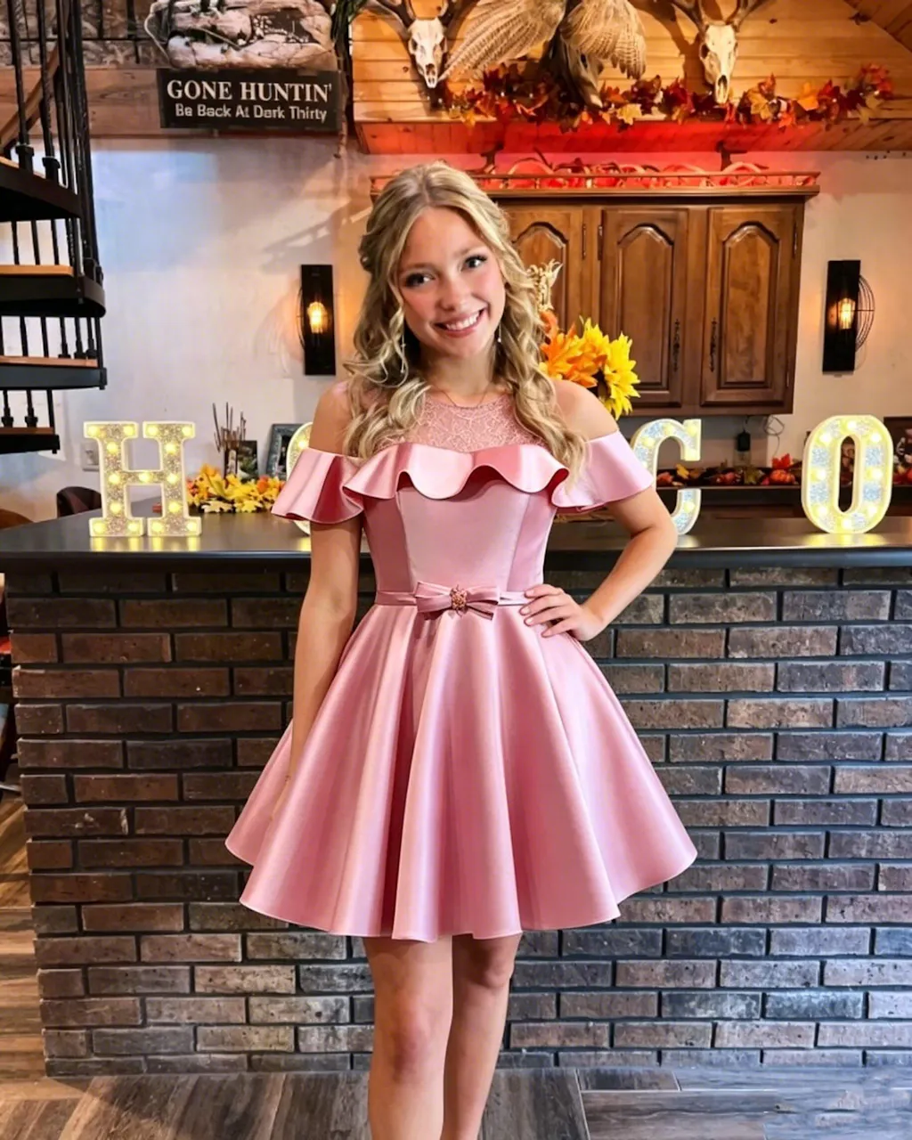 Pretty Dusty Pink Cold Shoulder Homecoming Dress Short A-Line Satin Ruffle Gown,HD1229