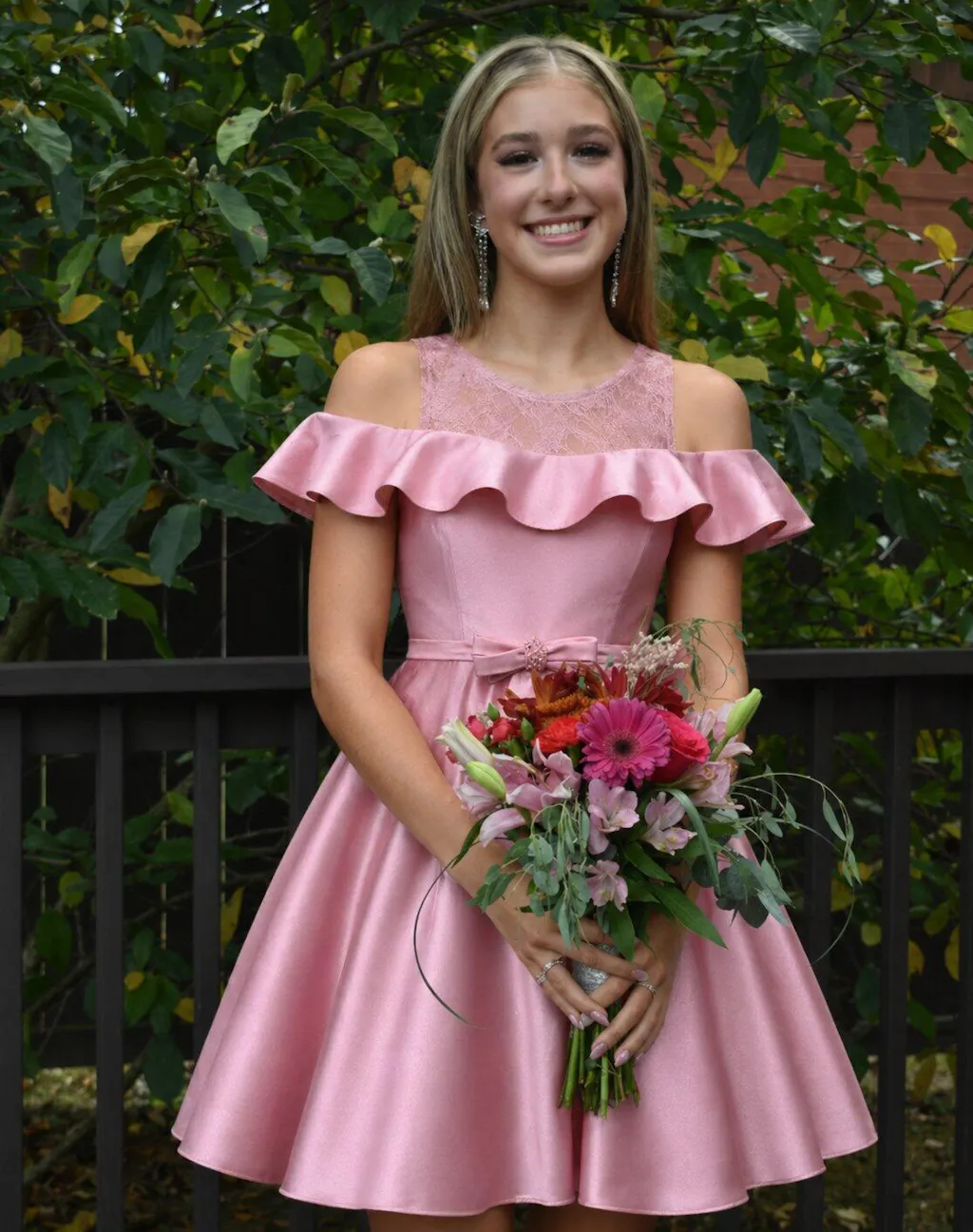 Pretty Dusty Pink Cold Shoulder Homecoming Dress Short A-Line Satin Ruffle Gown,HD1229