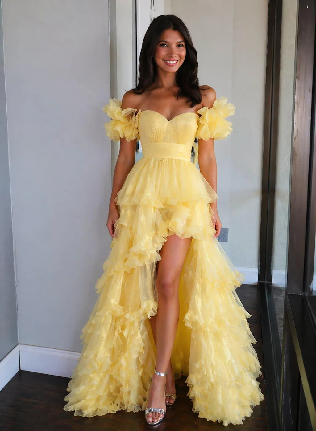 Modern Yellow High Low Prom Dress Off Shoulder Ruffle Tulle Layered Party Gown,OLP2171