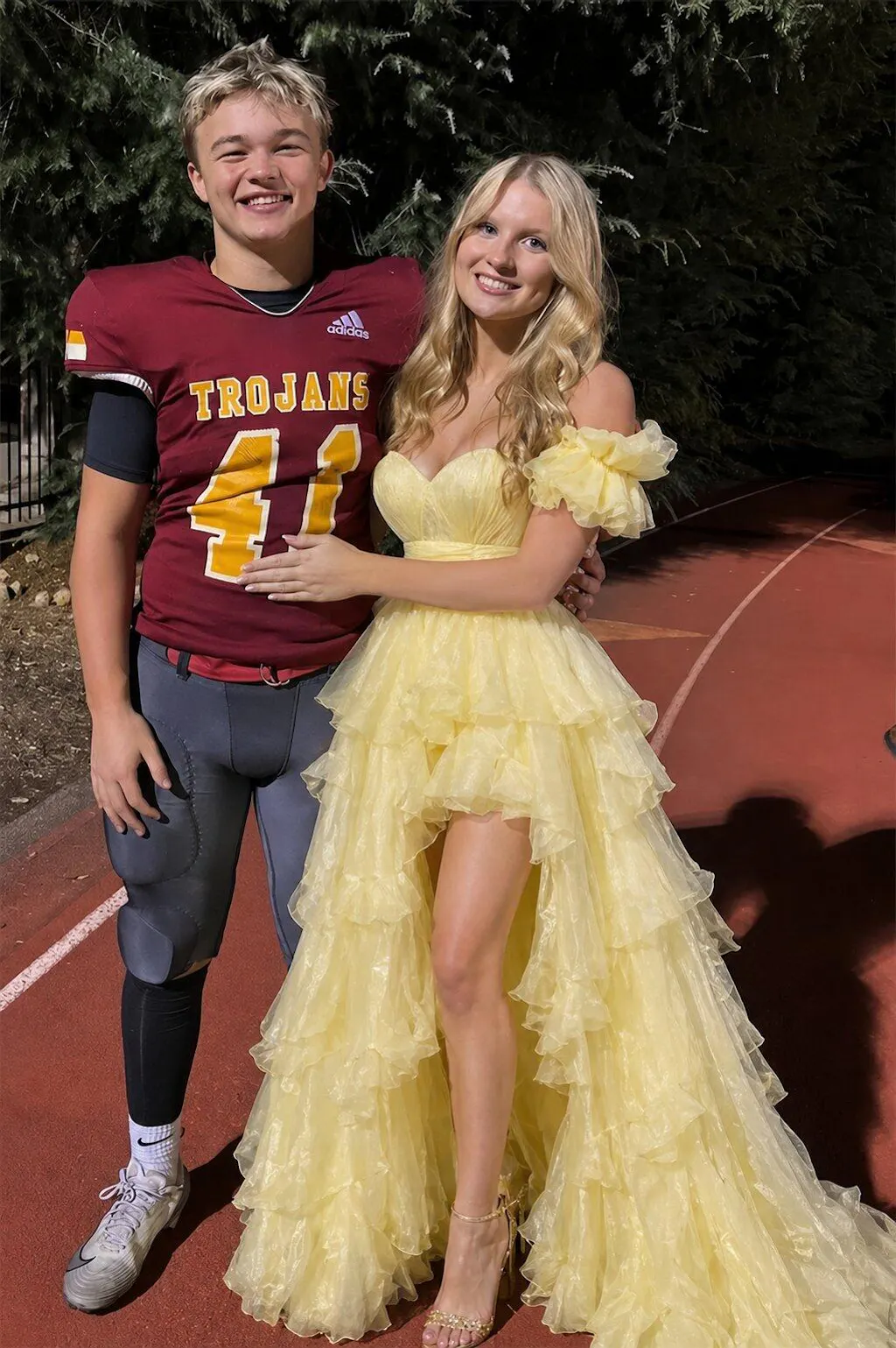 Modern Yellow High Low Prom Dress Off Shoulder Ruffle Tulle Layered Party Gown,OLP2171