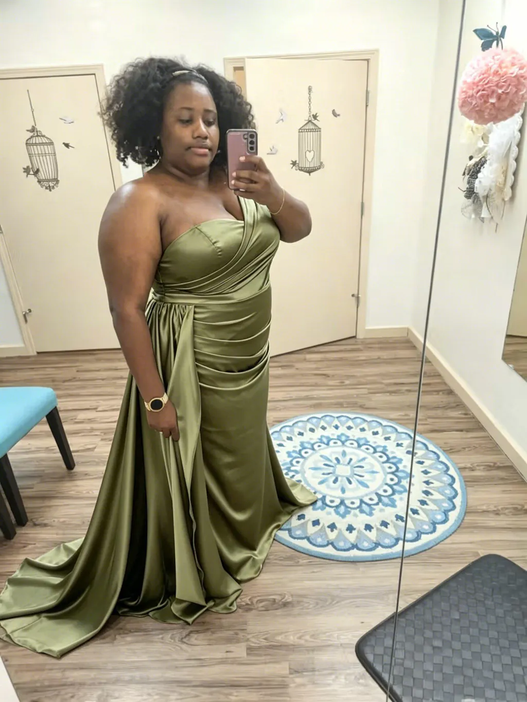 One-Shoulder Pleated Satin Mermaid Olive Green Long Bridesmaid Dresses,BG965