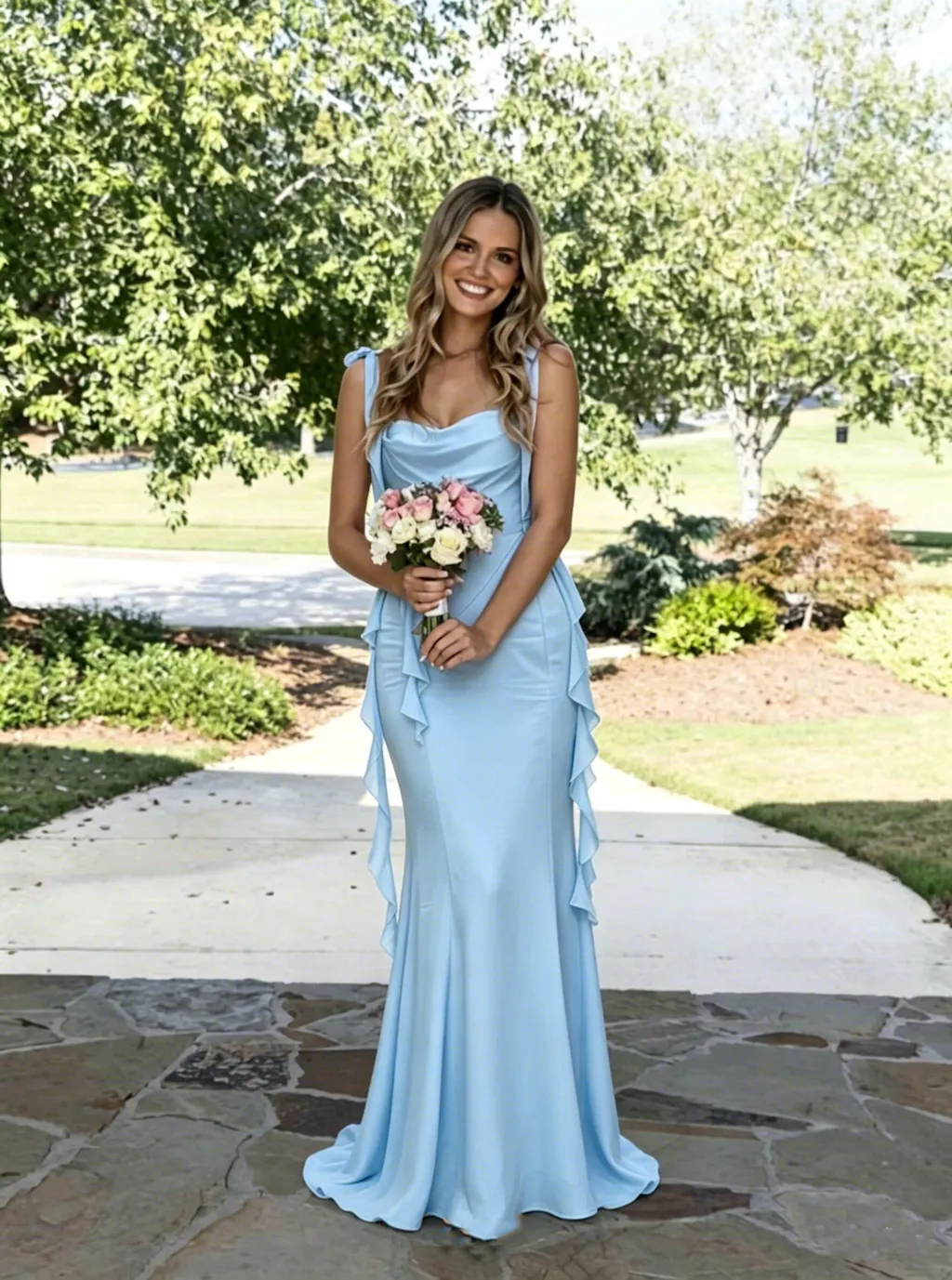 Classy Satin Pastel Color-Block Ruffle Strap Mermaid Bridesmaid Dresses,BG973