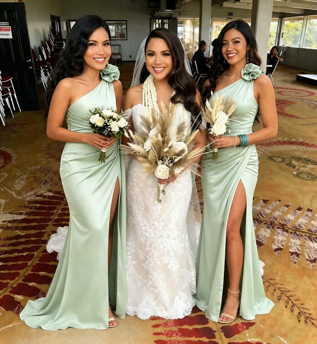 Classy Green Satin Bridesmaid Dress Sexy One Shoulder Ruched Side Slit Long Wedding Guest Gown,BG939