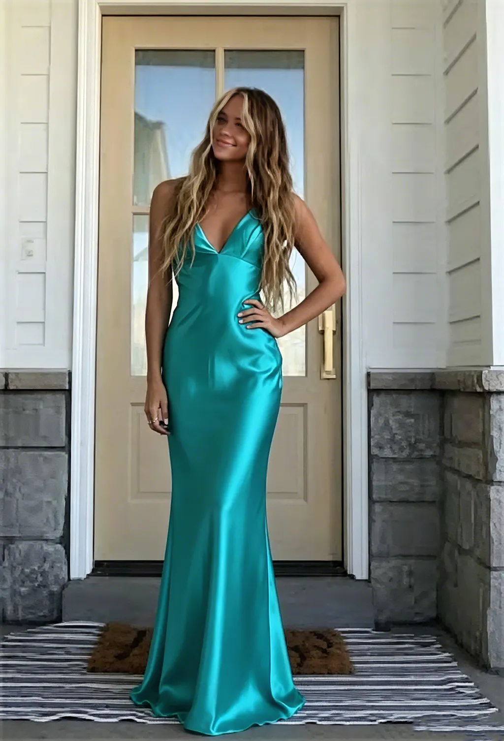 Soft Turquoise Blue V-neck Sleeveless Mermaid Satin Long Prom Dresses Online, OL506