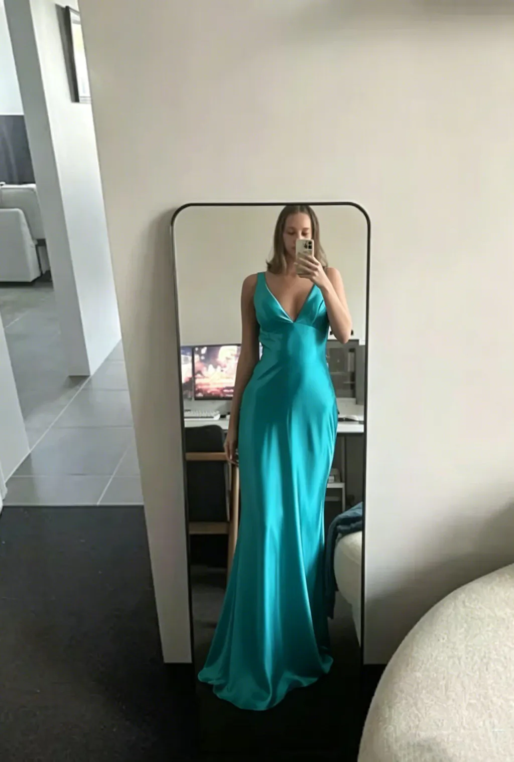Soft Turquoise Blue V-neck Sleeveless Mermaid Satin Long Prom Dresses Online, OL506
