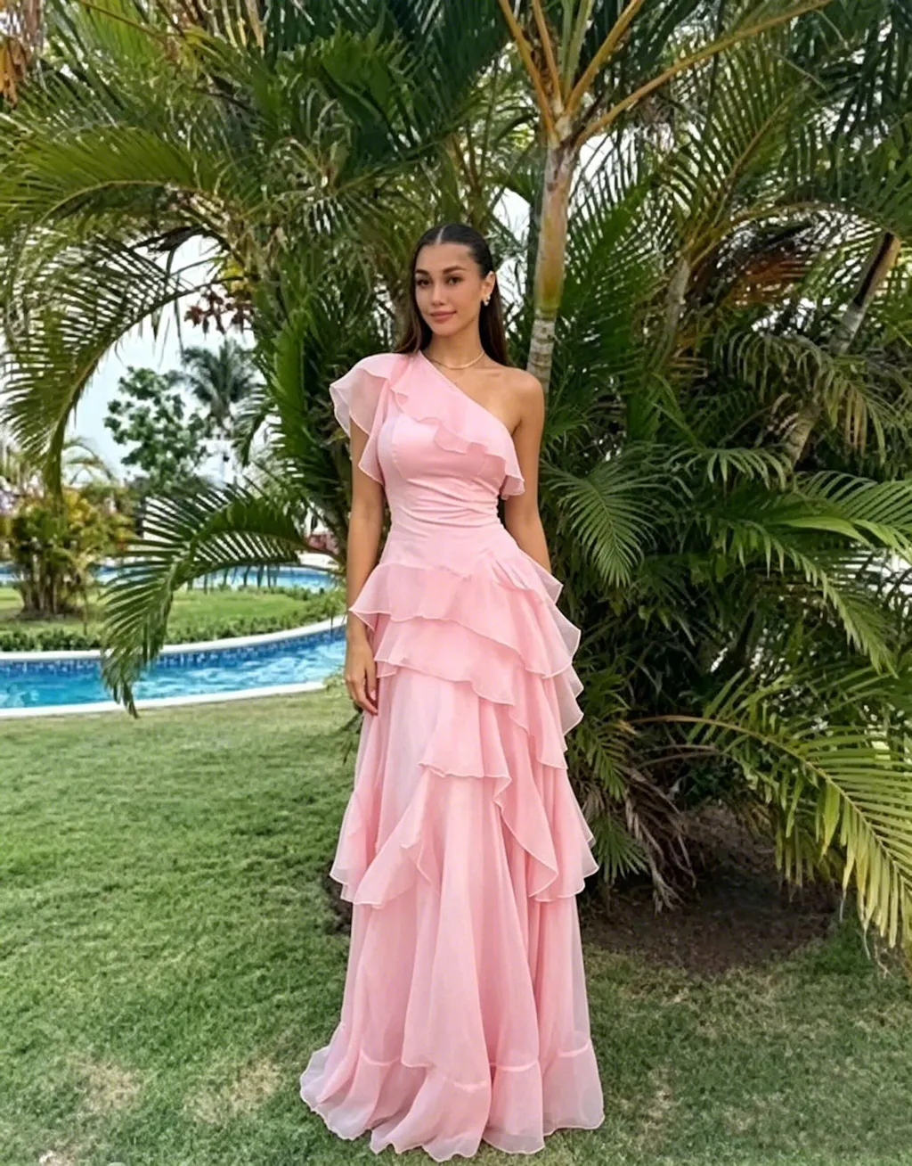 Sexy One Shoulder Pink Chiffon Prom Dress with Elegant Ruffle Layers ,OLP2235