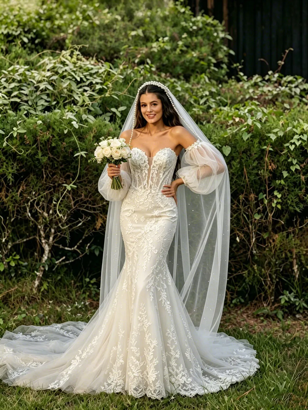Trumpet Wedding Dresses Detachable Puff Sleeve Sweetheart Applique Tulle Bridal Dress,WD0602