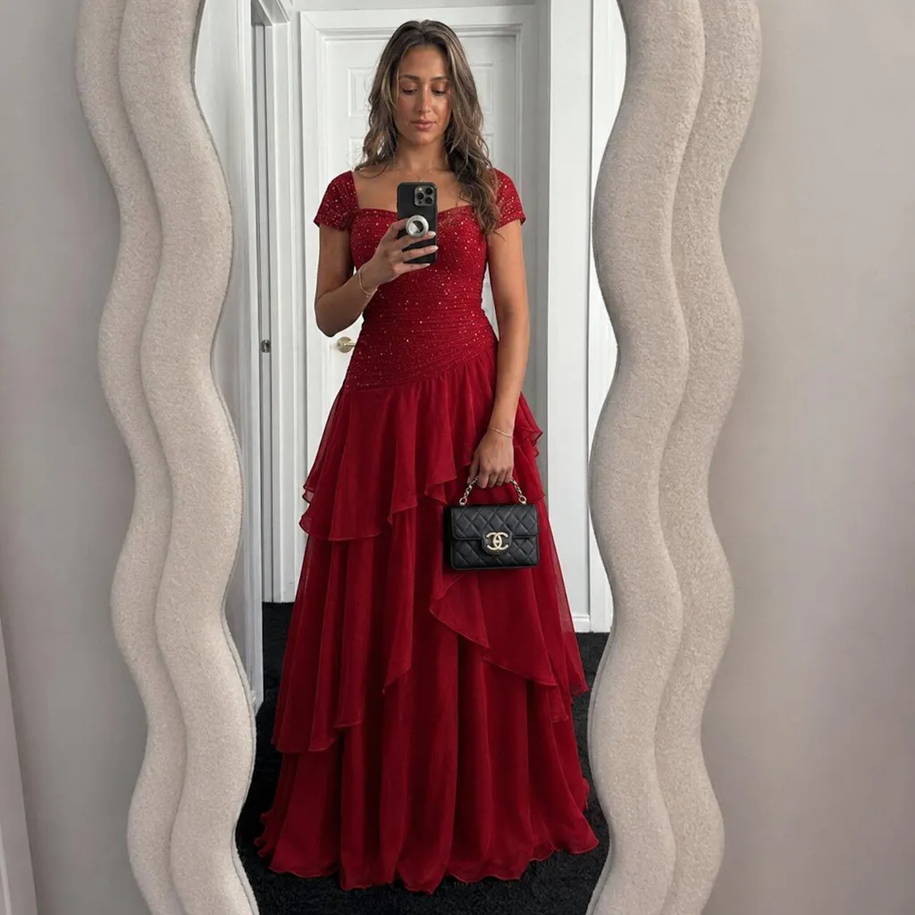 Sexy Red Sparkly Prom Dress Cap Sleeve Sequined Bodice Ruffled Chiffon Skirt,OLP2249