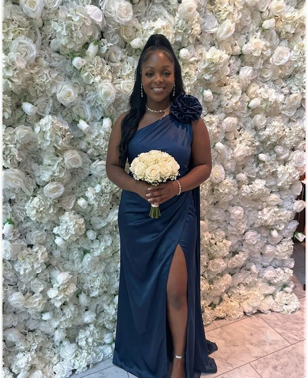 Elegant Navy Satin Bridesmaid Dresses One Shoulder Flower Slit Floor Length Gown,BG982