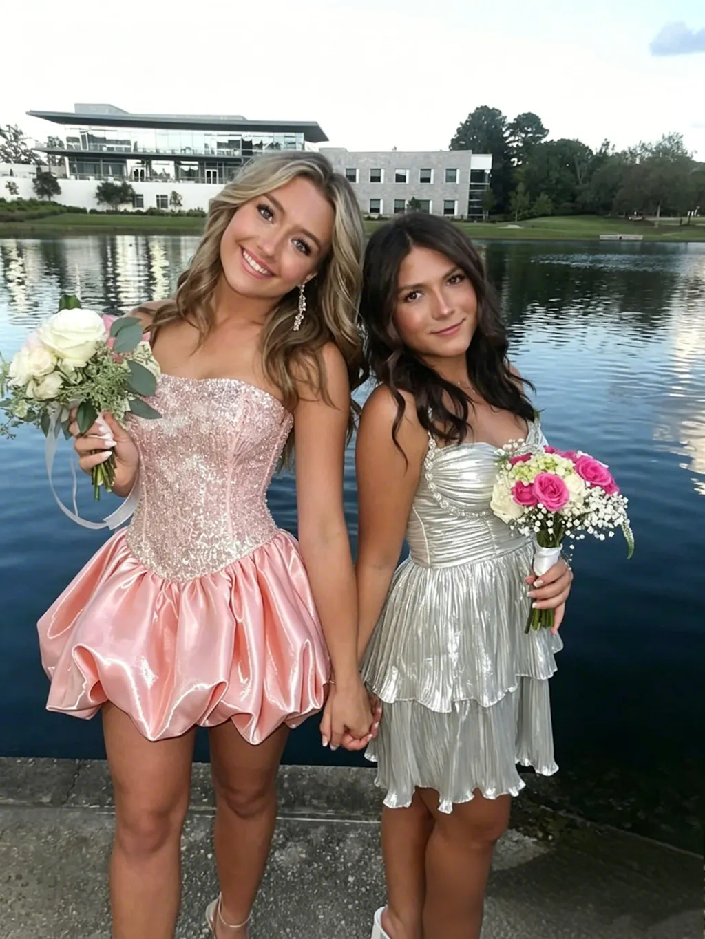 Beautiful Pink Strapless Sequin Homecoming Dress Voluminous Satin Bubble Skirt,HD1258
