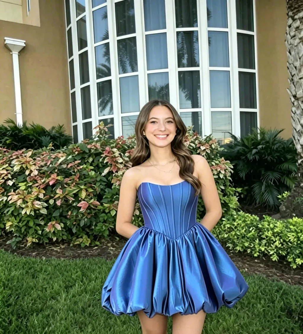 Chic Blue Metallic Homecoming Dress Featuring Fancy Corset Bodice With Bubble Skirt,HD1242