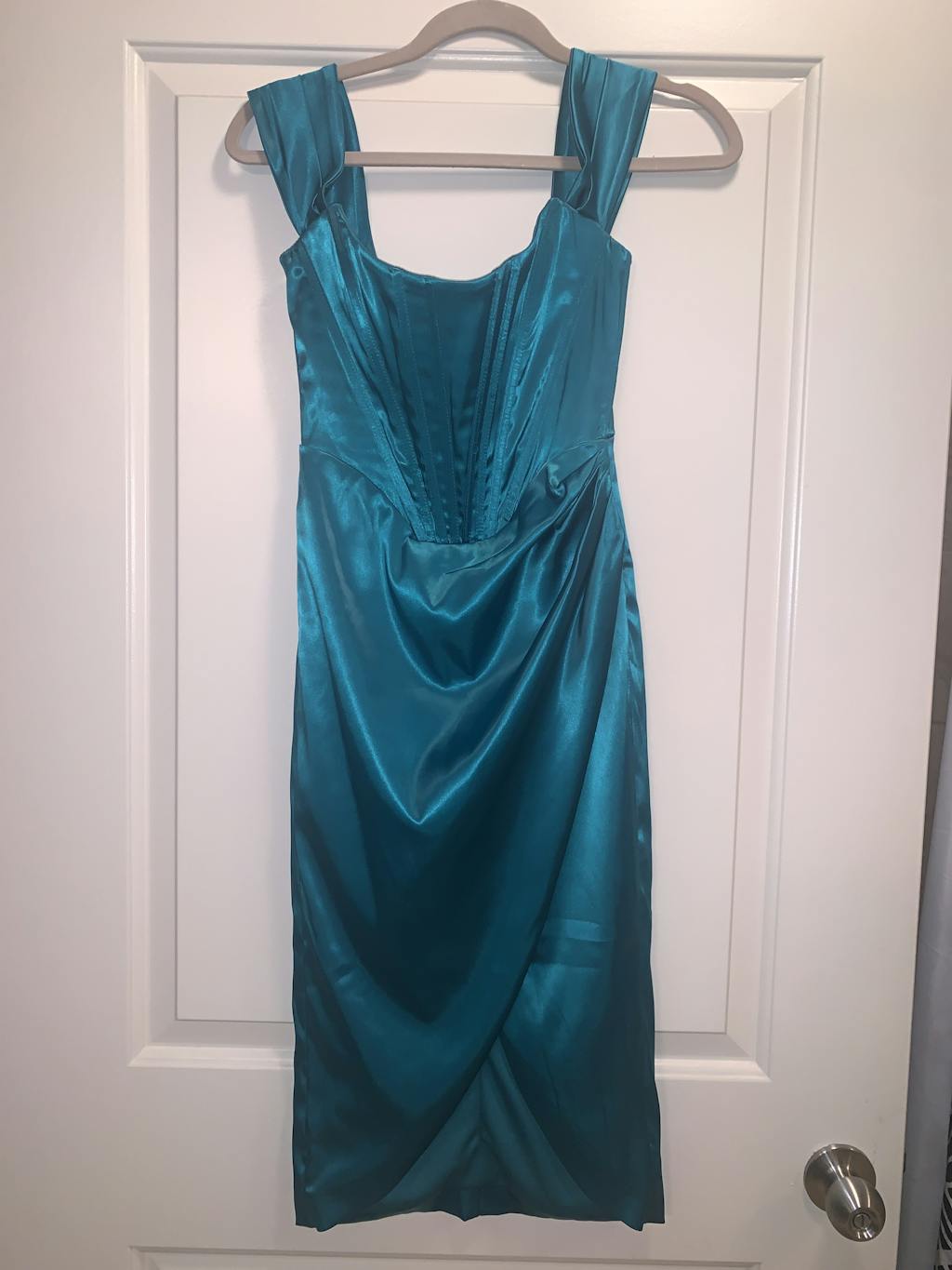 High Split Ruched Off Shoulder Satin Midi Corset Dress - Emerald Green ...