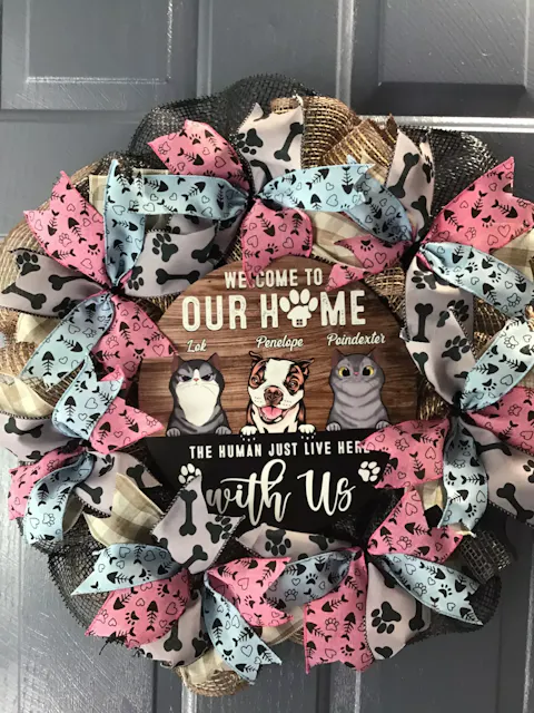 Welcome To Our Home The Humans Just Live Here With Us • Customized Dog And Cat Wood Sign • Personalized Door Sign • Front Door Hanger