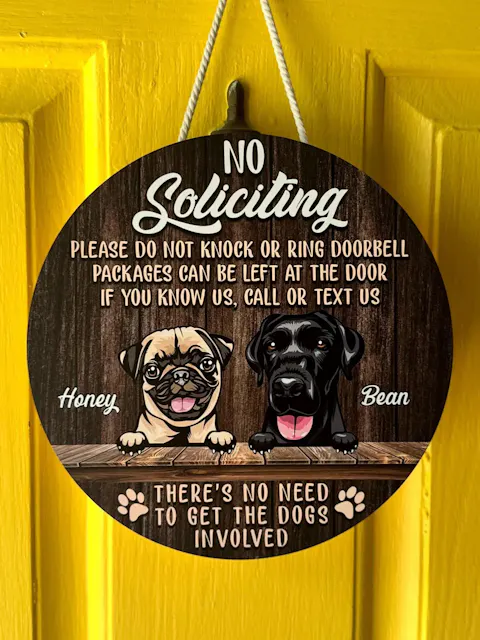 No Soliciting There's No Need To Get The Pets Involved • Customized Dog And Cat Wood Sign • Personalized Door Sign • Front Door Hanger