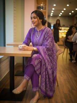 Purple Mix-Match Floral Embroidered Kurta With Pant & Dupatta