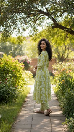 Lime green Floral Print A-Line Kurta With Pant