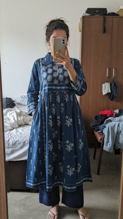 Navy Blue Floral Print A-Line Kurta