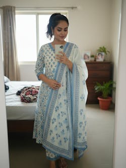 English Blue Floral Embroidered Anarkali Kurta With Pant & Dupatta