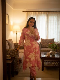 Orchid Pink Floral Print A-Line Kurta With Pant