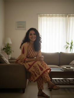 Beige & Red Leaf Print A-line Kurta With Pant