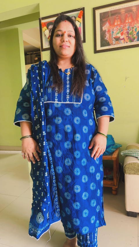 French Blue Geometric Kurta With Pant & Dupatta