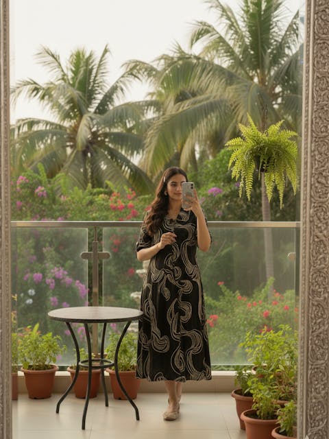 Black Abstract Print  A-Line Dress