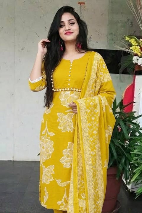 Yellow Green Embroidered Kurta With Pant & Dupatta