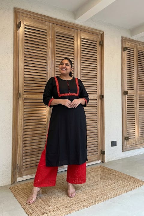 Black & Red Embroidered Kurta With Palazzo