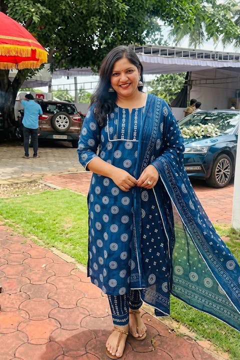 French Blue Geometric Kurta With Pant & Dupatta