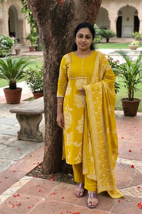 Yellow Green Embroidered Kurta With Pant & Dupatta