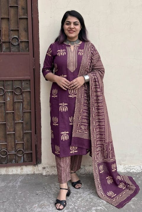 Purple Lotus Print Kurta With Pant & Dupatta