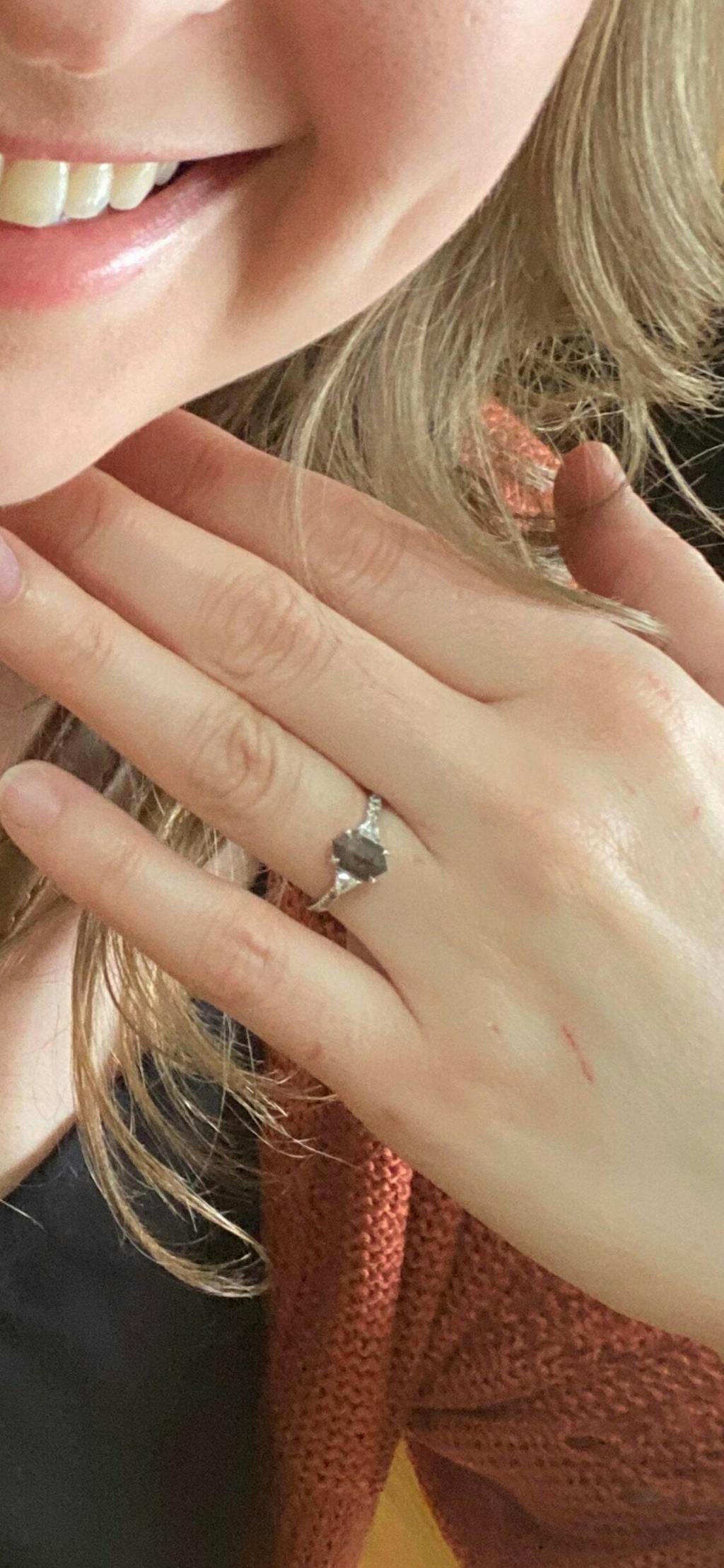 Hexagon Salt & Pepper Diamond Engagement Ring with Trillion Accents