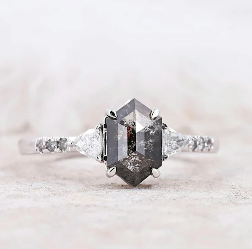 Hexagon Salt & Pepper Diamond Engagement Ring with Trillion Accents