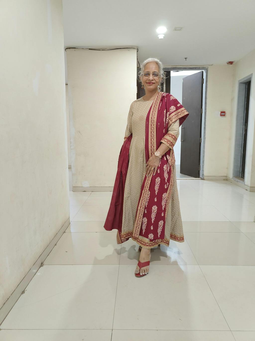 Beige Gold Printed Kalidaar Dress with Maroon Dupatta