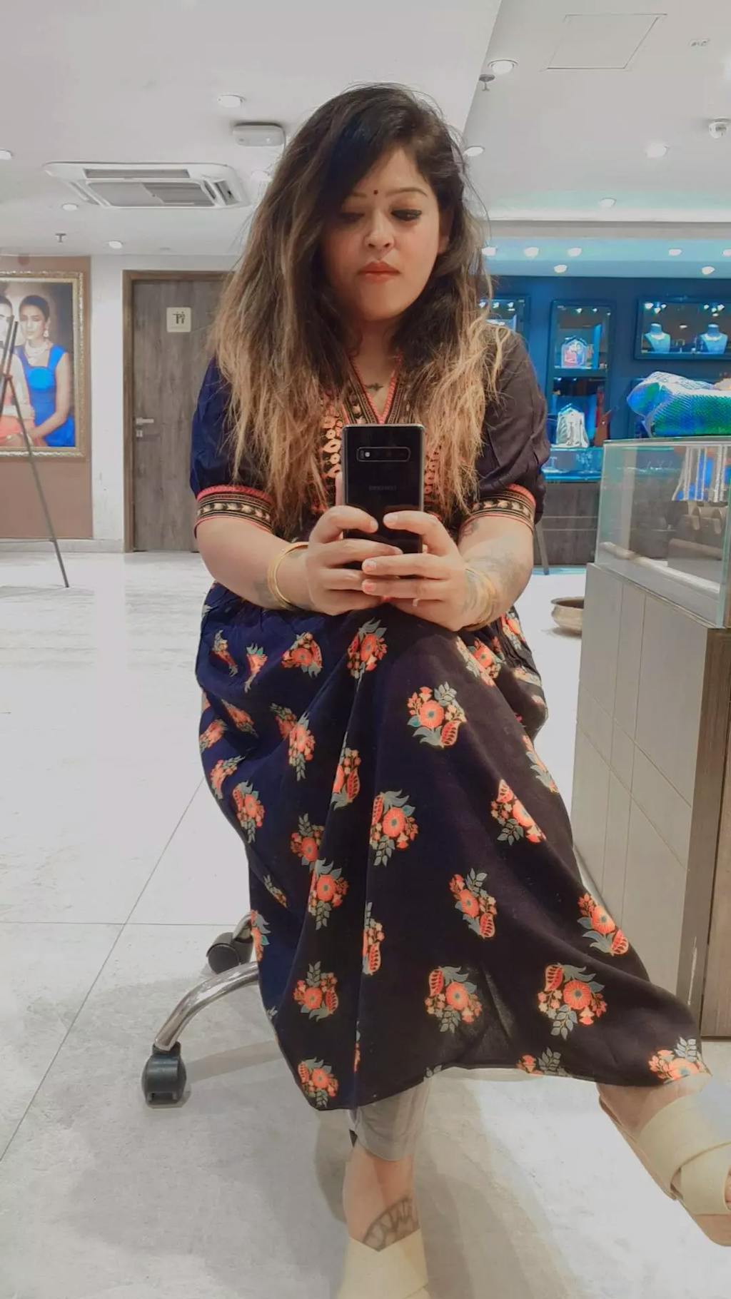 Black Printed V Neck Gathered Dress