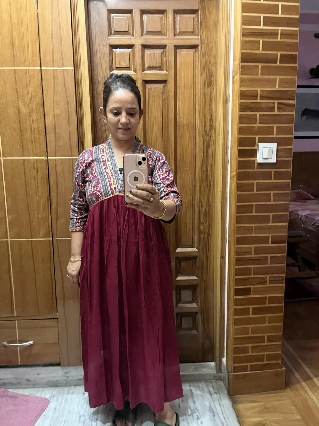 Women Maroon Ethnic Printed Gathered Dress With Three Quarter Sleeves