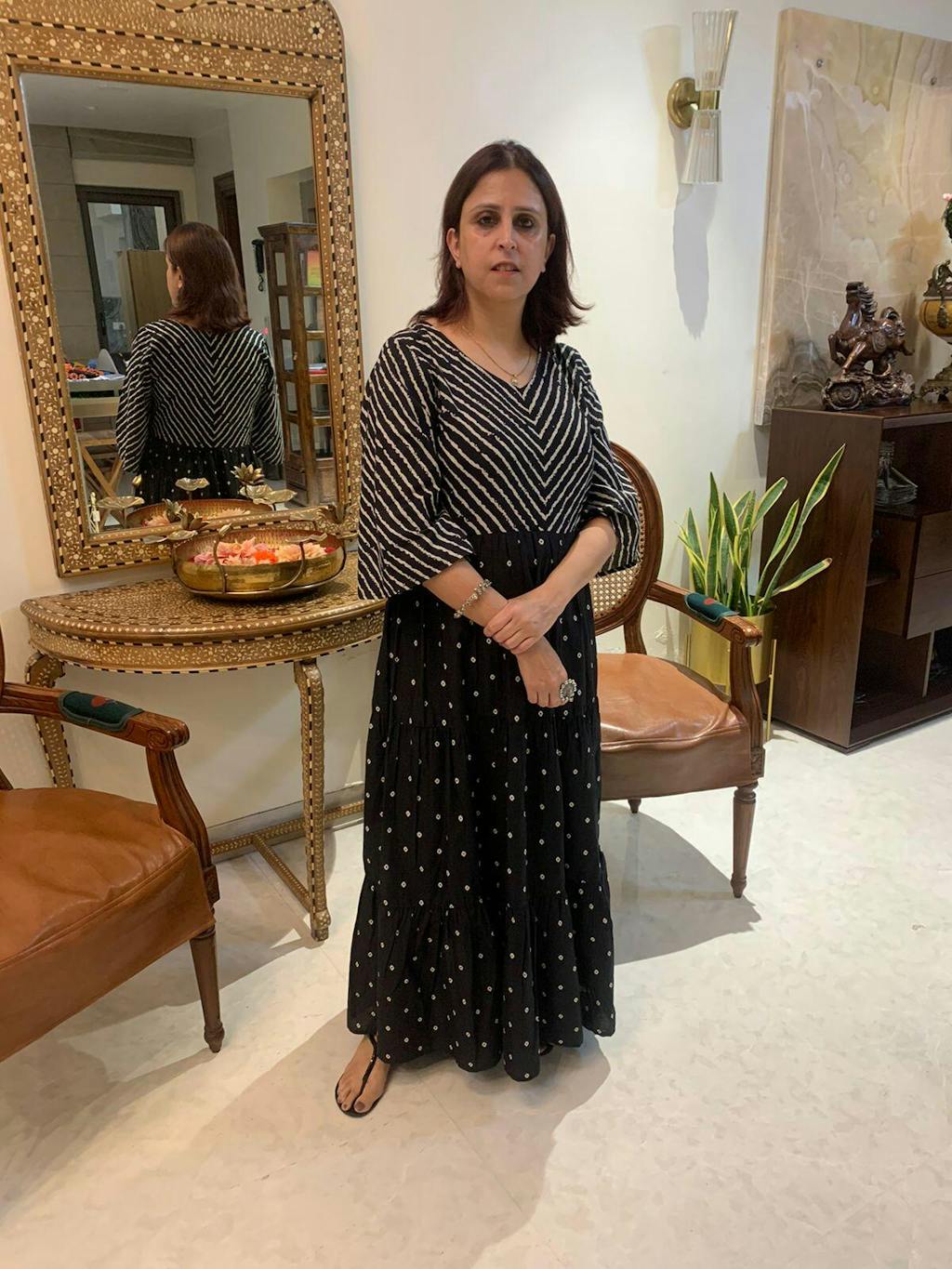 Black Bandhani & Stone Printed Tiered Dress with Flared Sleeves