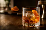 Rye old fashioned cocktail in a rocks glass with orange peel garnish