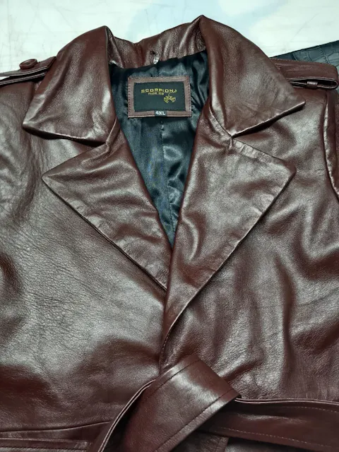Brown Leather Trench Coat with Fur Collar