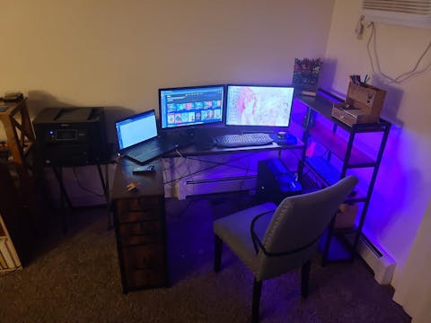 SEDETA 64.5 Inch Office LED Reversible Computer Desk Gaming Desk with Drawer Storage Bookshelf