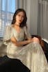 Elegant Sequin Evening Gown with Flutter Sleeves and V-Neckline