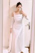 Minimalist Off-Shoulder Satin Wedding Gown with Detachable Sleeves and Elegant Train