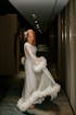 Full Goose Feather sequin mesh long robe dress white ivory
