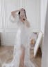 Luxury White Feather Trim Lace Long Robe Dress Set | Bridal Getting Ready & Photoshoot Gown